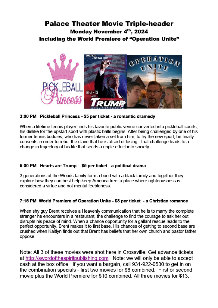 Triple Header Movie Night City of Crossville, TN
